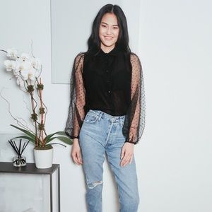 Swiss Dot Button-Up Ballon Sleeve Top